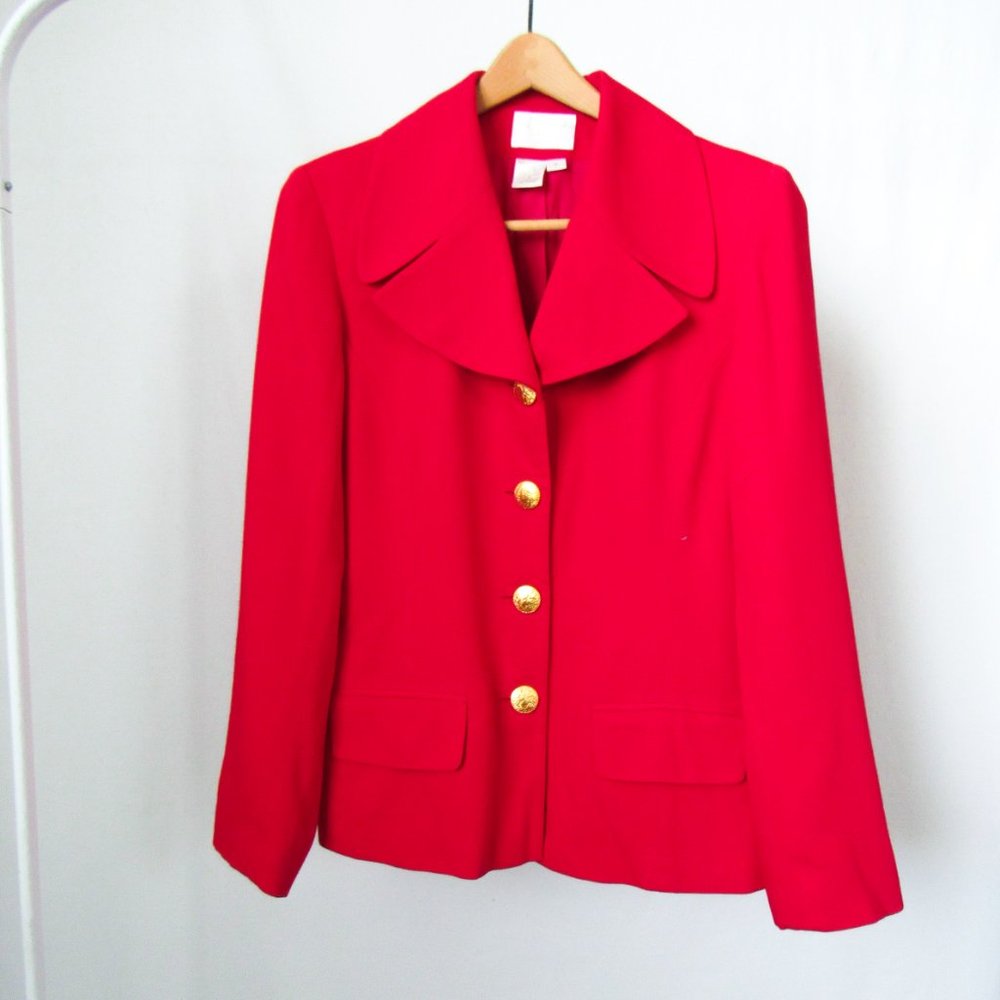 VINTAGE Red Blazer Jacket with Gold Buttons and Oversized Collar Chic Classic